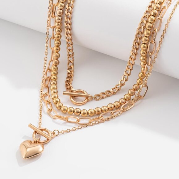 🆕 Women Gold Heart Pendant Necklace Chunky Layered Paperclip Chain Jewelry Set - Picture 7 of 7